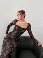 VelluraPetite Square Neck Lace Patchwork Bodycon Dress