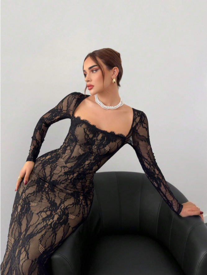VelluraPetite Square Neck Lace Patchwork Bodycon Dress