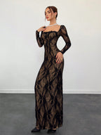 VelluraPetite Square Neck Lace Patchwork Bodycon Dress