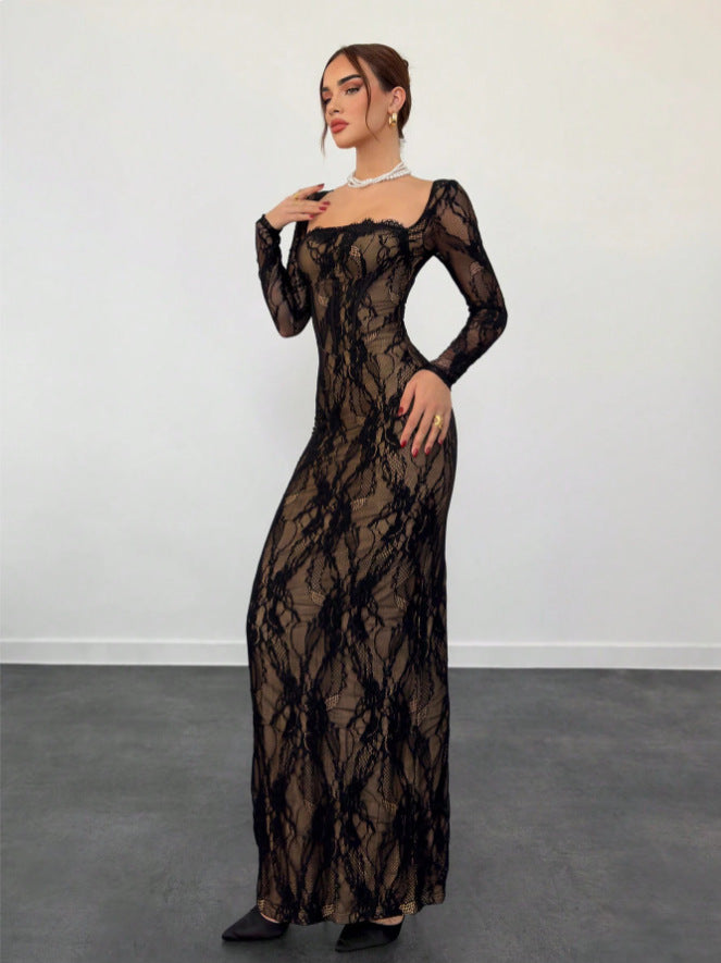 VelluraPetite Square Neck Lace Patchwork Bodycon Dress