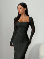 VelluraPetite Square Neck Lace Patchwork Bodycon Dress