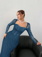 VelluraPetite Square Neck Lace Patchwork Bodycon Dress