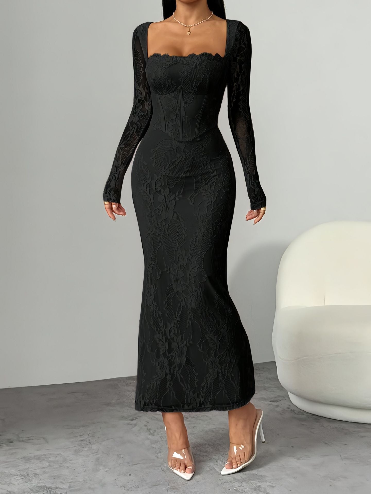 VelluraPetite Square Neck Lace Patchwork Bodycon Dress