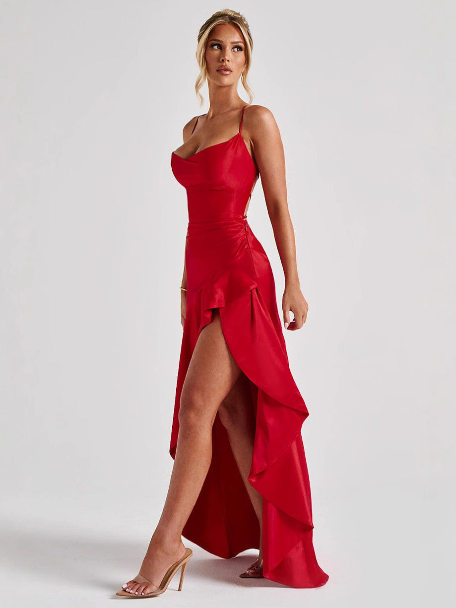 VelluraPetite Sling Backless Ruffled Hem Dress