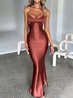 VelluraPetite Satin Backless Evening Dress