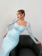 VelluraPetite Square Neck Lace Patchwork Bodycon Dress