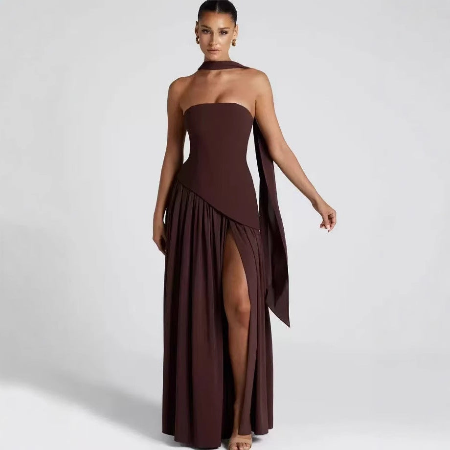 VelluraPetite Asymmetrical Tube Top Strappy Long Dress