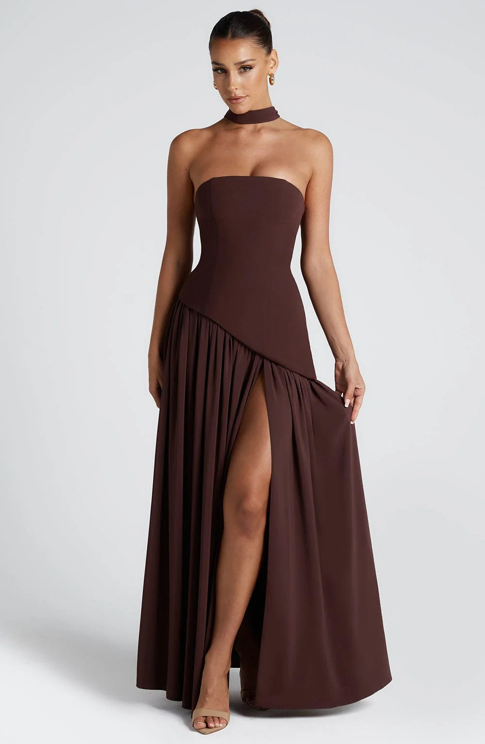 VelluraPetite Elegant Bodycon Long Dress with Crossover Strap