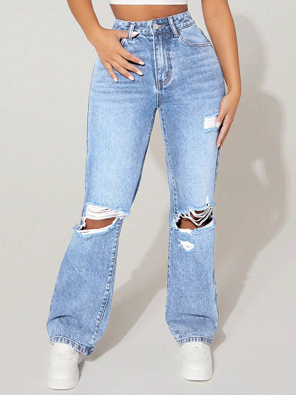 VelluraPetite High-Waist Straight Leg Distressed Denim Pants