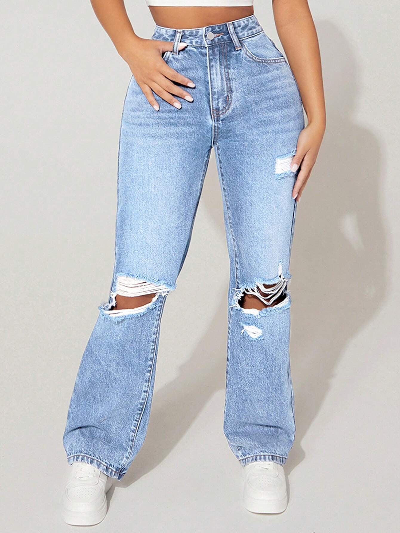 VelluraPetite High-Waist Straight Leg Distressed Denim Pants