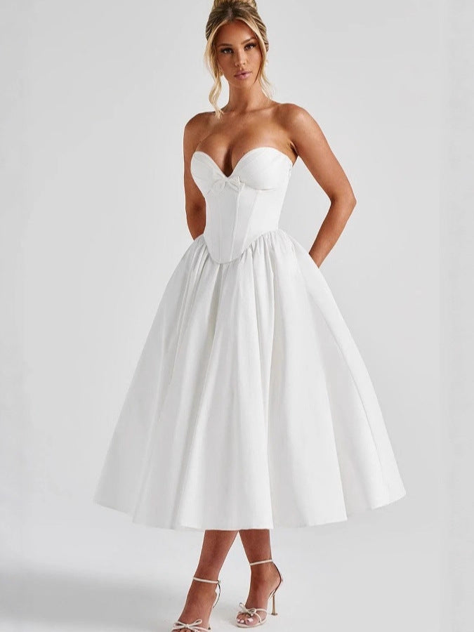 VelluraPetite French Bow Accent Tube Top Dress with Suspenders