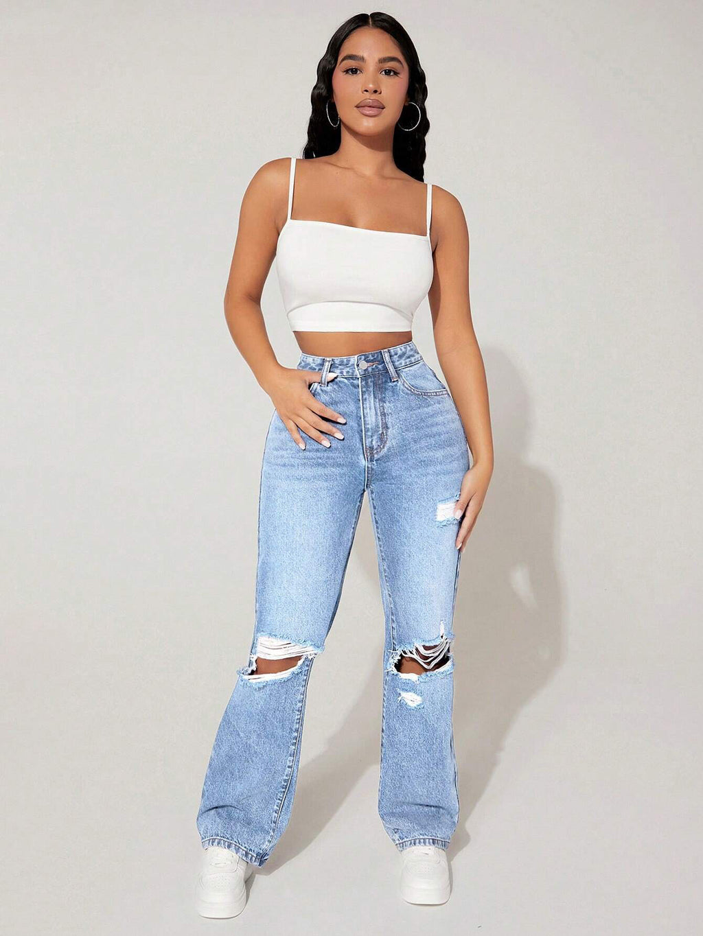 VelluraPetite High-Waist Straight Leg Distressed Denim Pants
