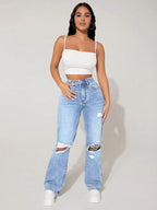 VelluraPetite High-Waist Straight Leg Distressed Denim Pants
