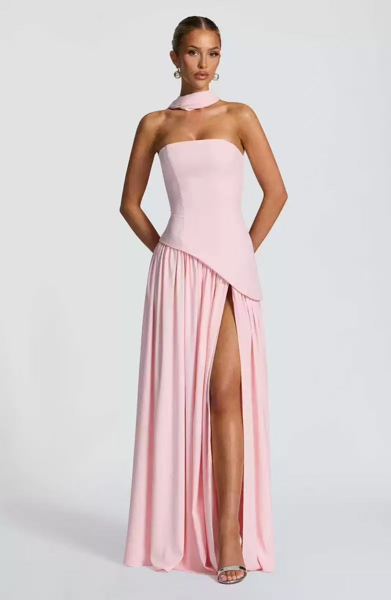 VelluraPetite Asymmetrical Tube Top Strappy Long Dress