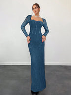 VelluraPetite Square Neck Lace Patchwork Bodycon Dress