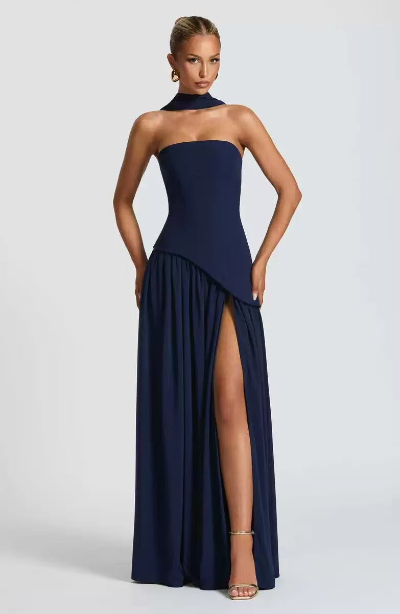 VelluraPetite Asymmetrical Tube Top Strappy Long Dress
