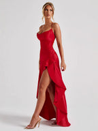 VelluraPetite Satin Ruffle Backless Sling Dress