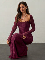VelluraPetite Square Neck Lace Patchwork Bodycon Dress