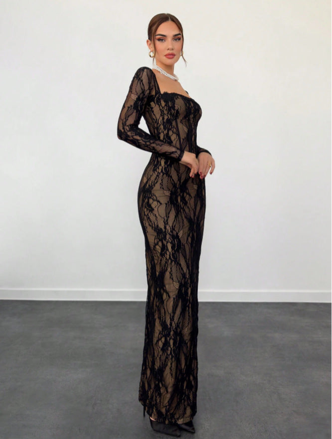 VelluraPetite Square Neck Lace Patchwork Bodycon Dress
