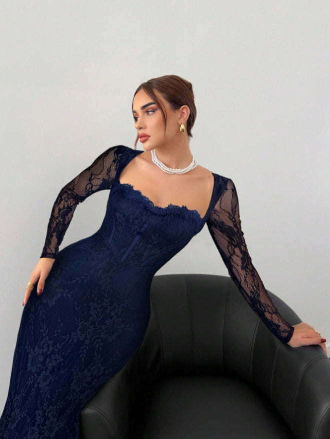 VelluraPetite Square Neck Lace Patchwork Bodycon Dress