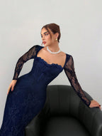 VelluraPetite Square Neck Lace Patchwork Bodycon Dress