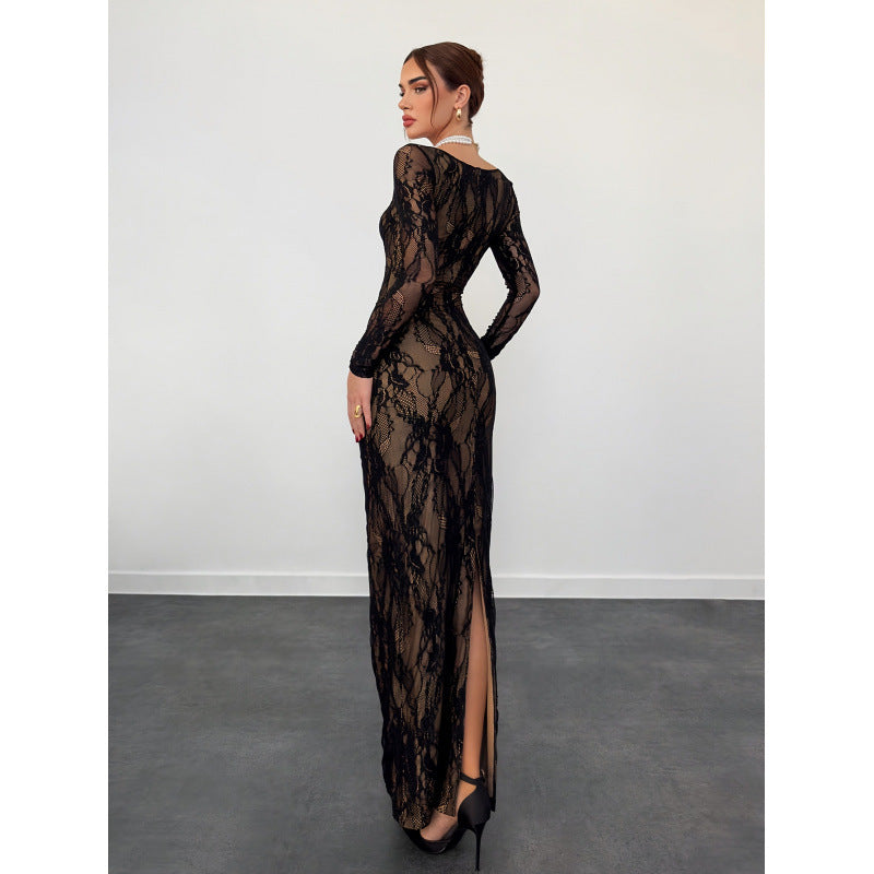 VelluraPetite Square Neck Lace Patchwork Bodycon Dress
