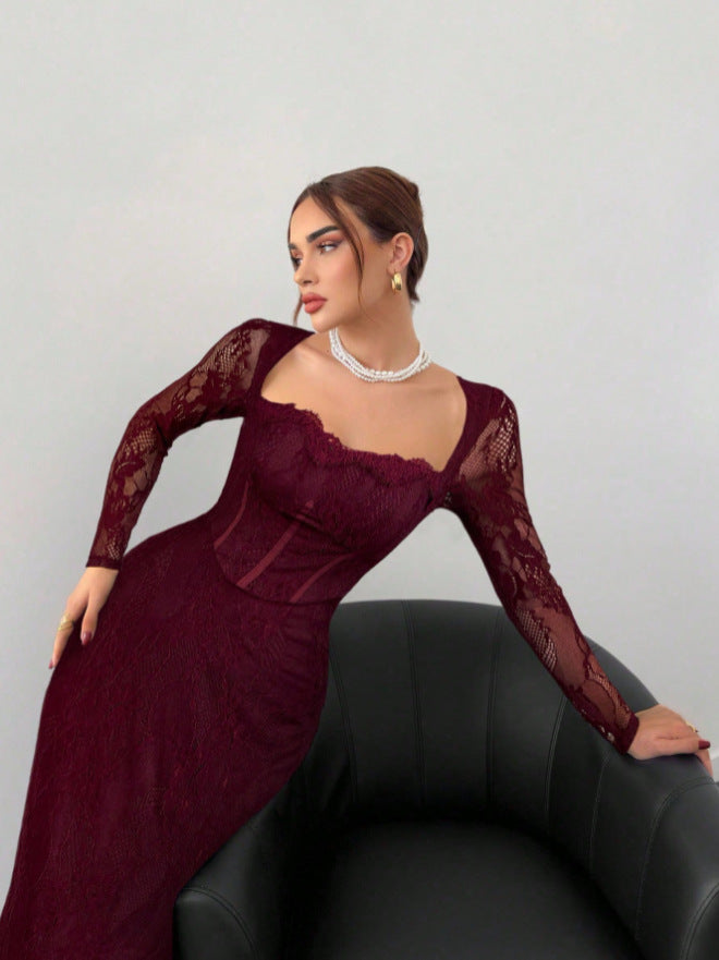 VelluraPetite Square Neck Lace Patchwork Bodycon Dress