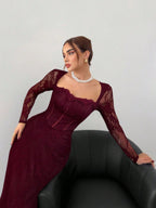 VelluraPetite Square Neck Lace Patchwork Bodycon Dress