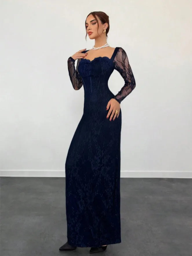 VelluraPetite Square Neck Lace Patchwork Bodycon Dress