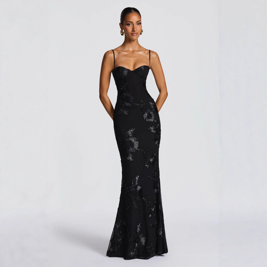 VelluraPetite Elegant Floral Backless Long Dress