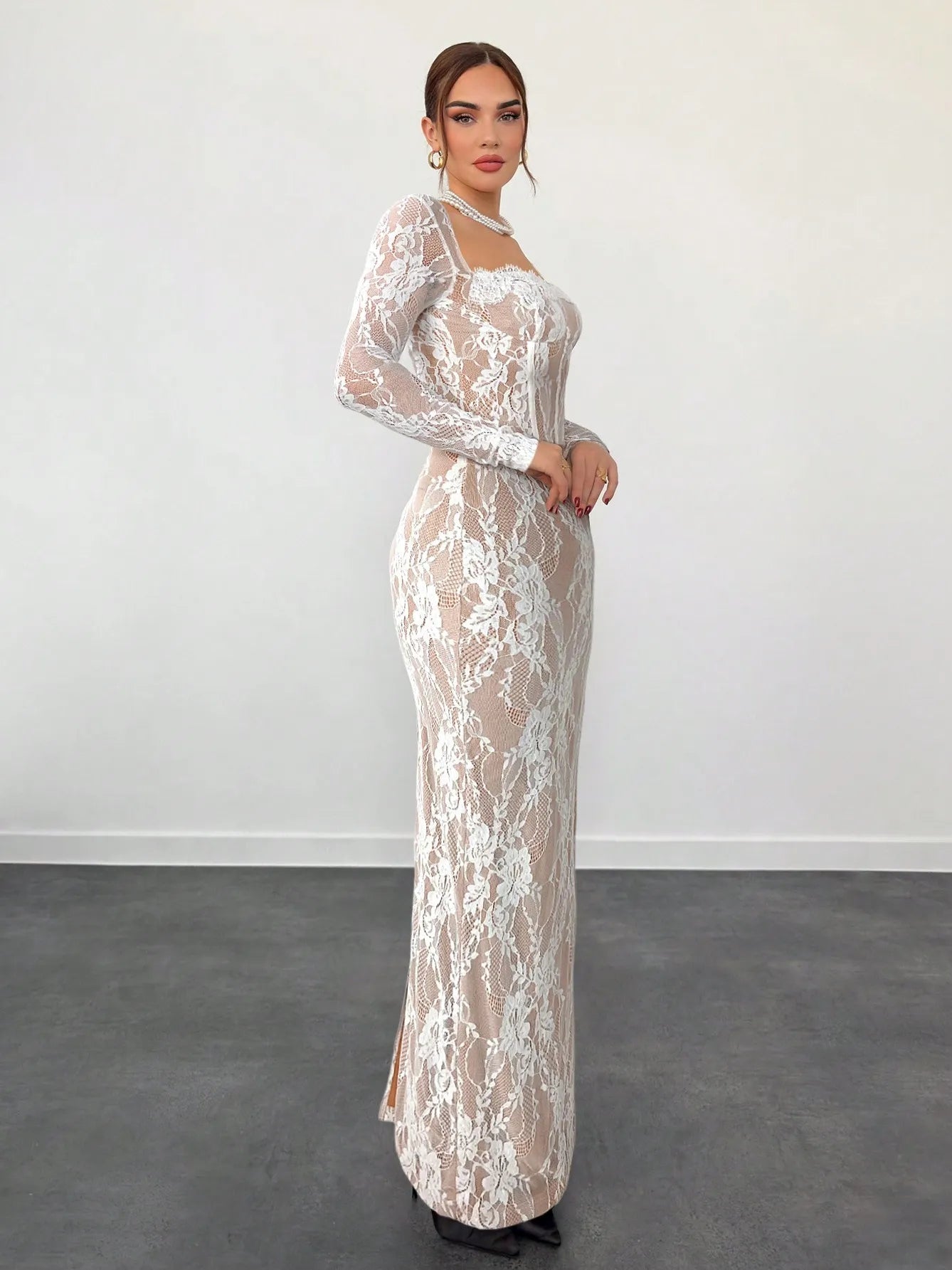 VelluraPetite Square Neck Lace Patchwork Bodycon Dress