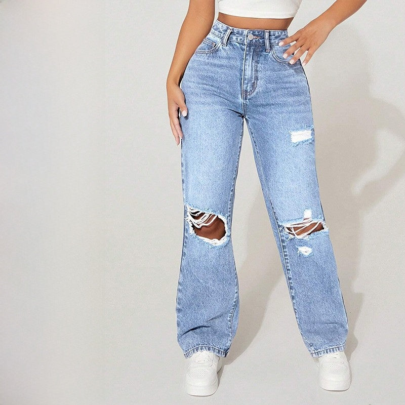 VelluraPetite High-Waist Straight Leg Distressed Denim Pants