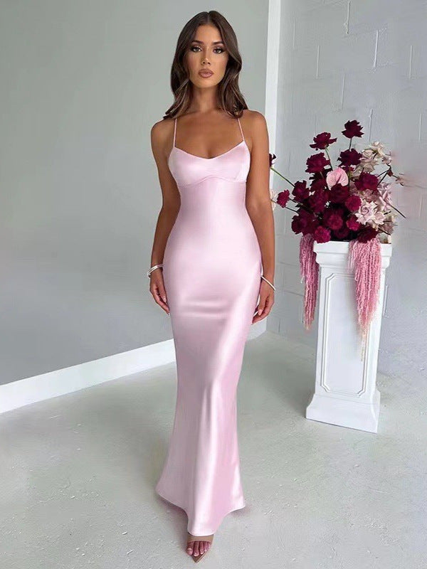 VelluraPetite Satin Backless Evening Dress
