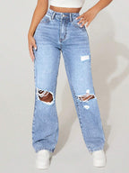 VelluraPetite High-Waist Straight Leg Distressed Denim Pants