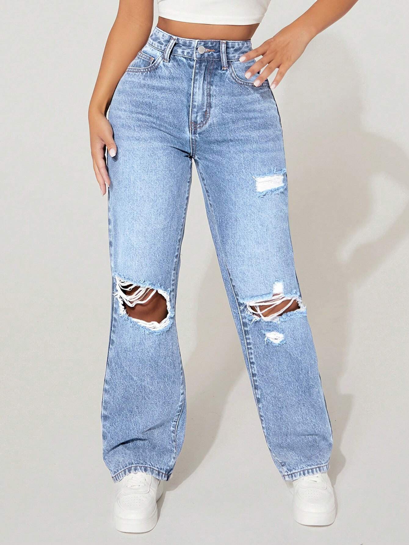 VelluraPetite High-Waist Straight Leg Distressed Denim Pants