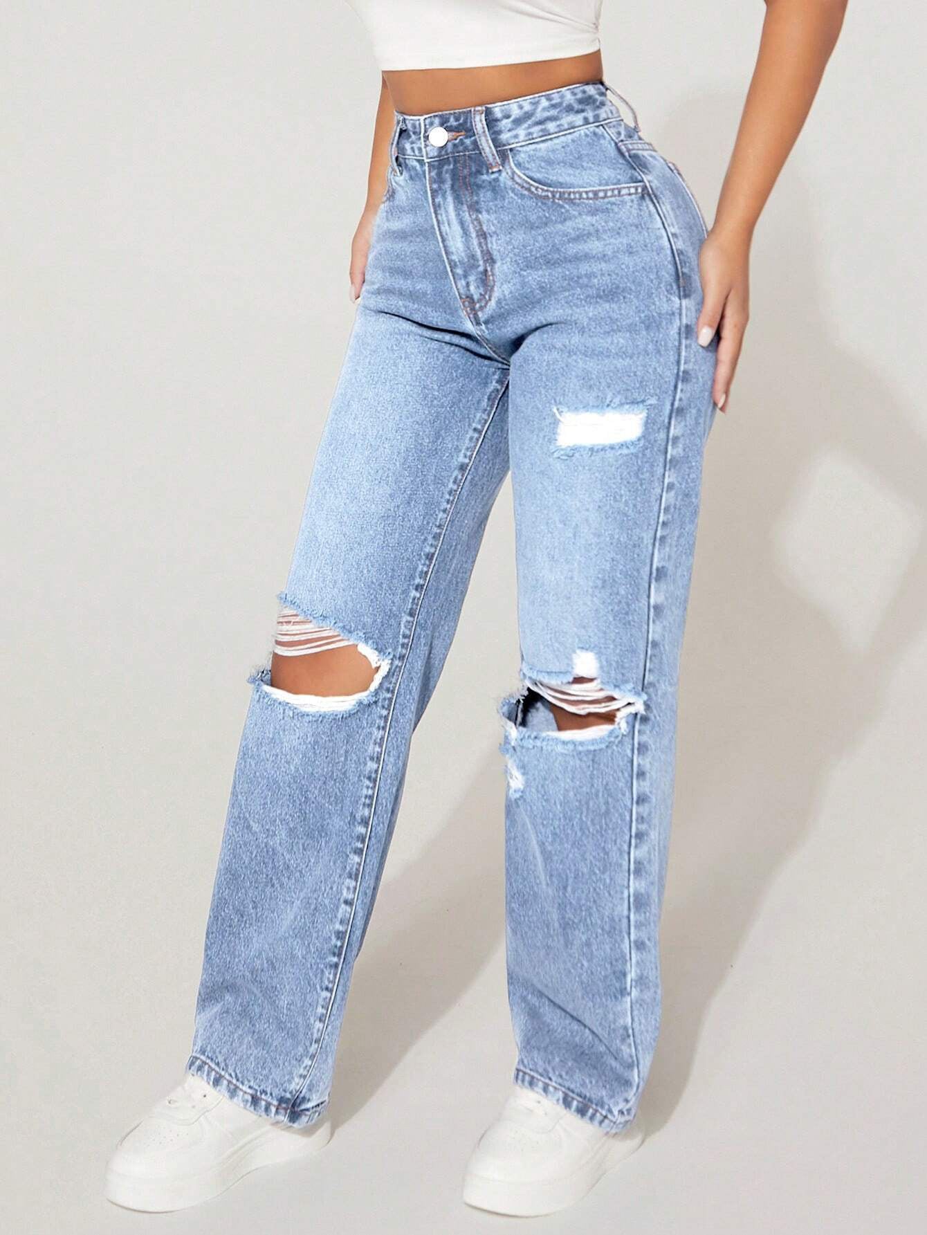 VelluraPetite High-Waist Straight Leg Distressed Denim Pants