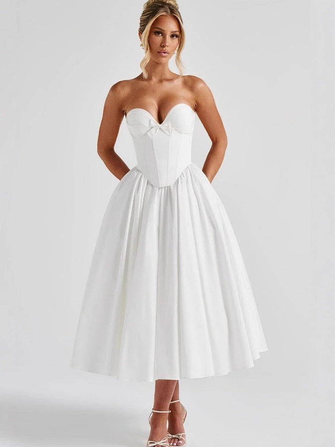 VelluraPetite French Bow Accent Tube Top Dress with Suspenders