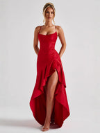 VelluraPetite Satin Ruffle Backless Sling Dress