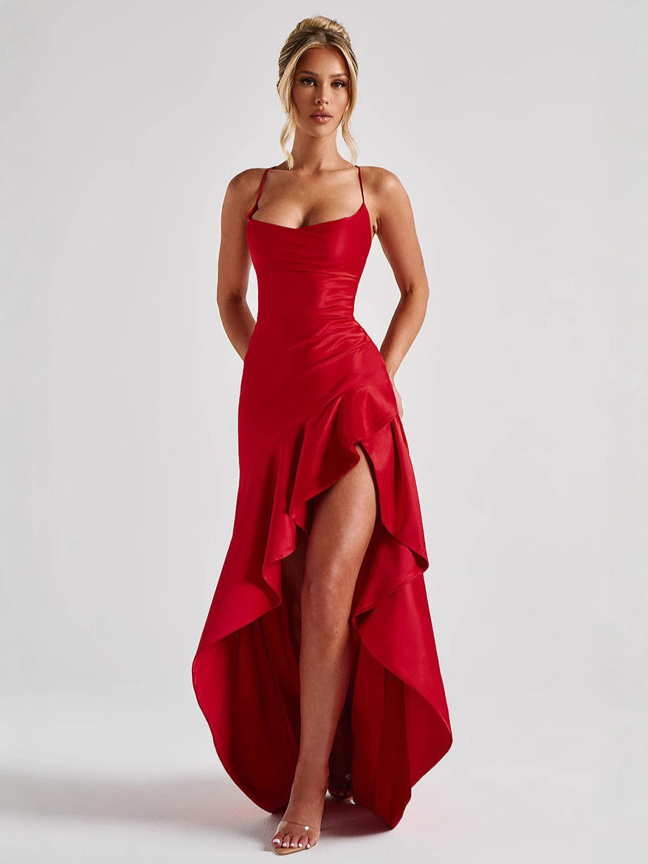 VelluraPetite Satin Ruffle Backless Sling Dress